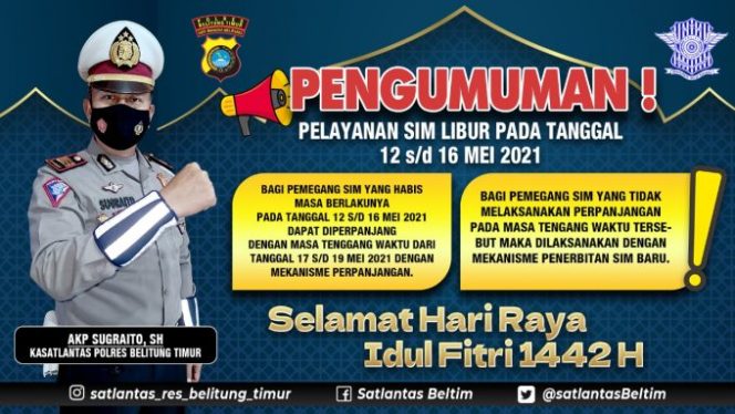 
					Pasca Idul Fitri 1442 H, Satlantas Polres Beltim Meutup Sementara Pelayanan SIM, Dan Akan Buka Kembali Tanggal 17 Mei 2021