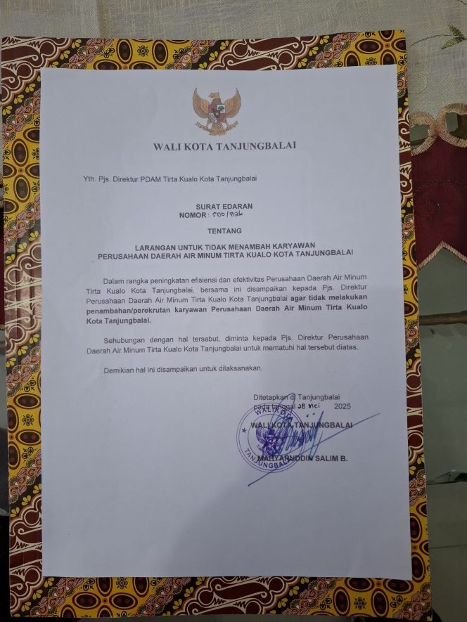 
					Pemko Tanjungbalai Keluarkan Surat Edaran Terkait Larangan Penambahan Karyawan di PDAM Tirta Kualo